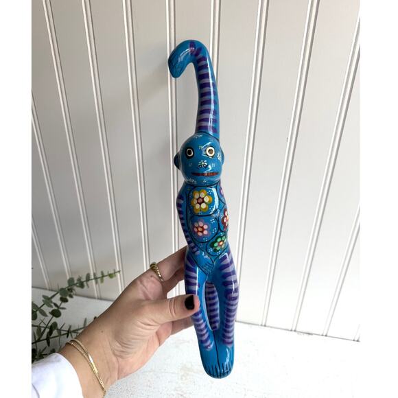 Colorful Hanging Pottery Blue Monkey DecorHand-Painted Floral Alebrije Mexico